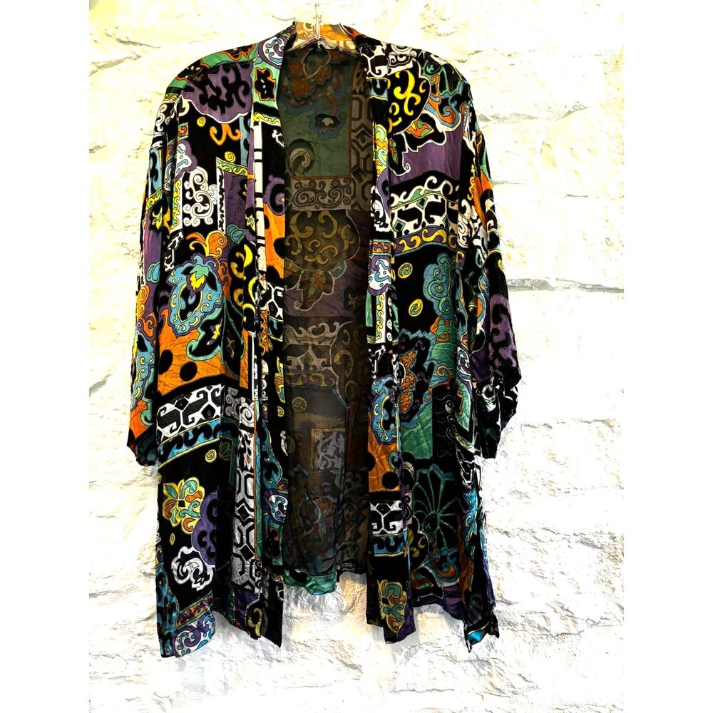 Art to Wear Sheer Coastal Boho Kimono Silk Blend Geometric Pattern OS - READ
